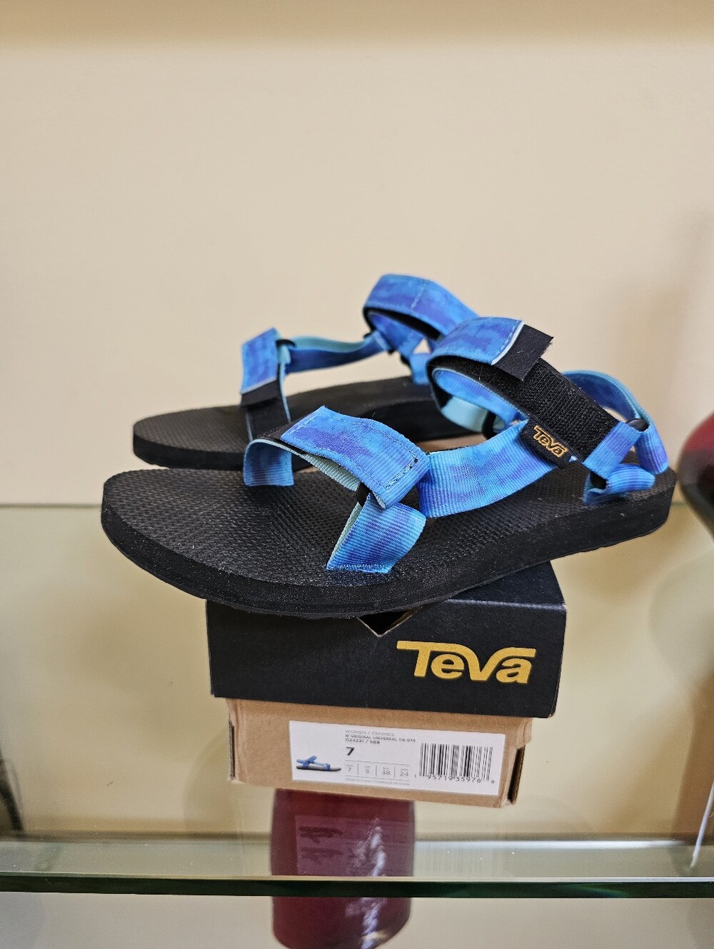 Teva Black Footbed Sandals with Blue Tie-Dye Straps